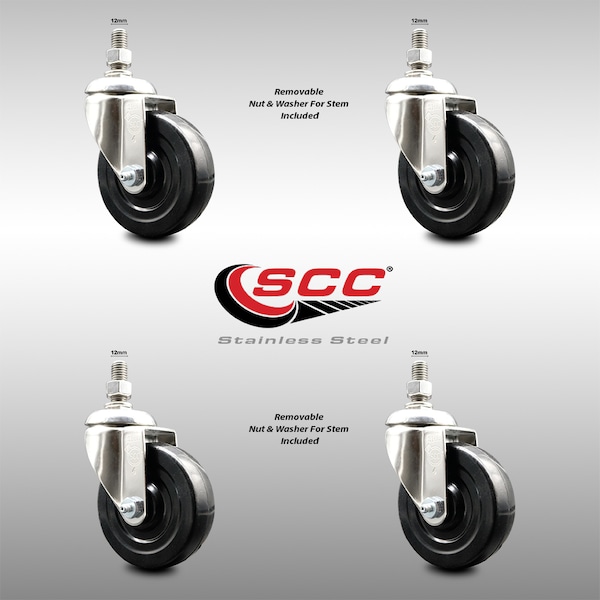 4 Inch 316SS Hard Rubber Wheel Swivel 12mm Threaded Stem Caster Set SCC